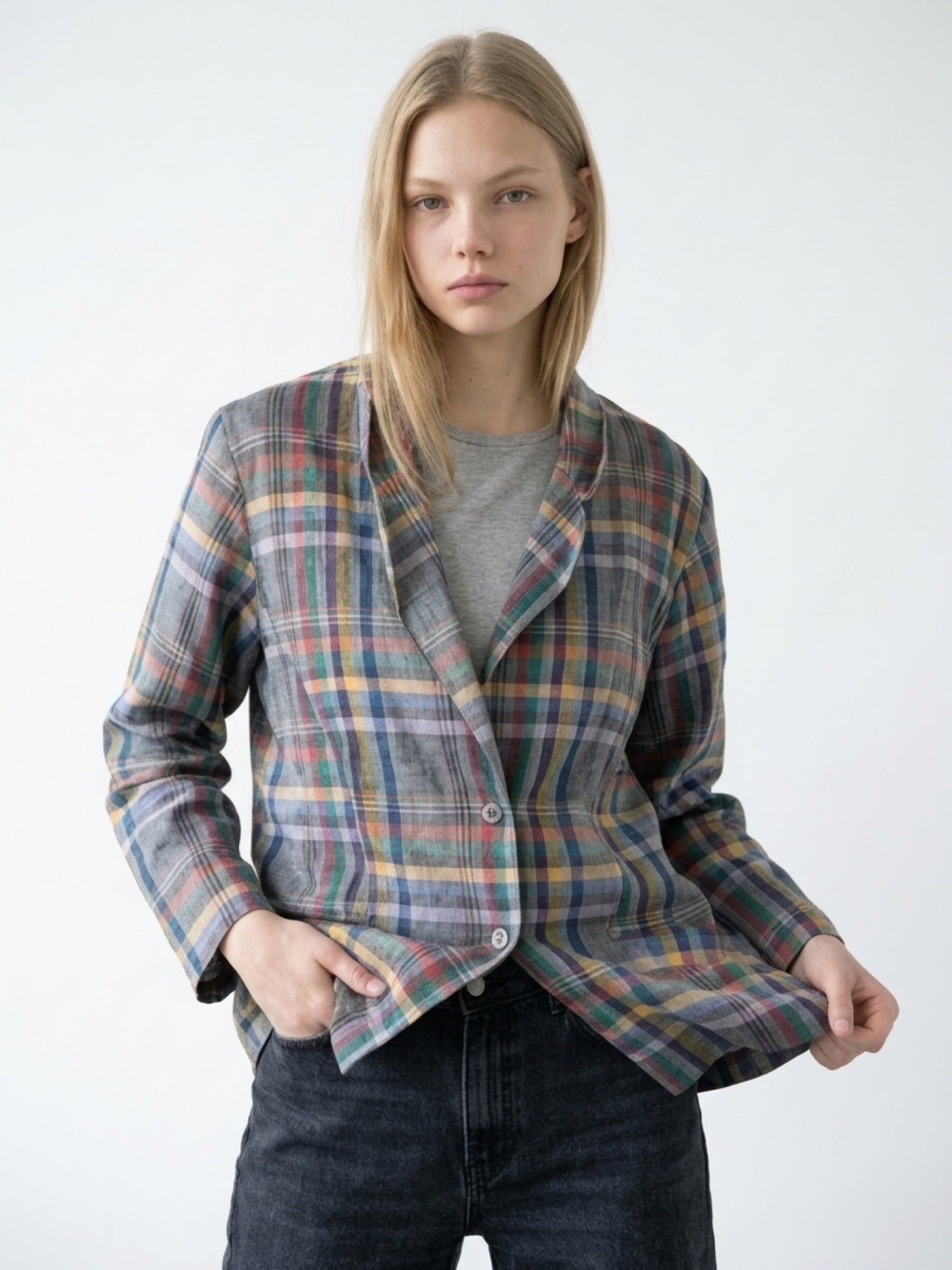 Vintage 100% Linen Madras Plaid Blazer — Size M