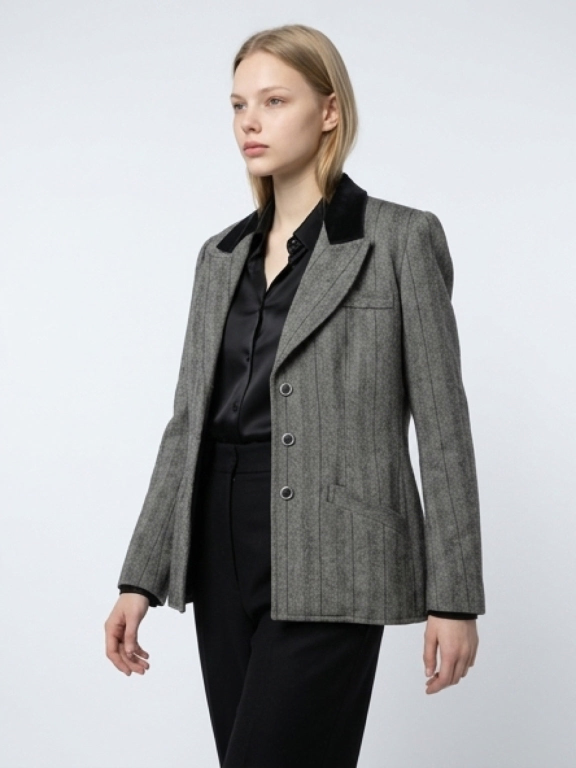 Vintage Herringbone Wool Blazer with Velvet Collar — Size M