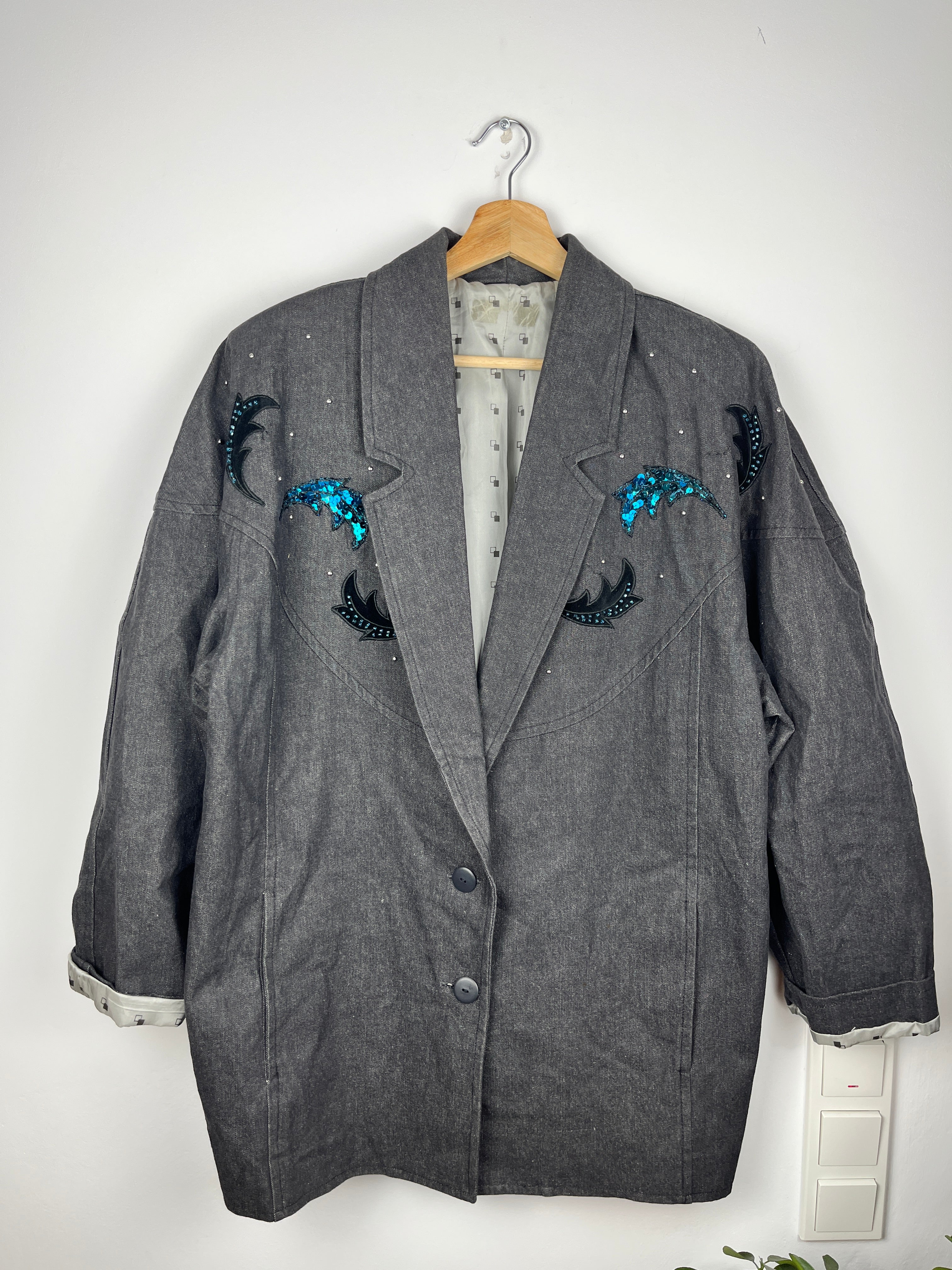 Vintage Grey Blazer with Sequin Dolphins — Size M