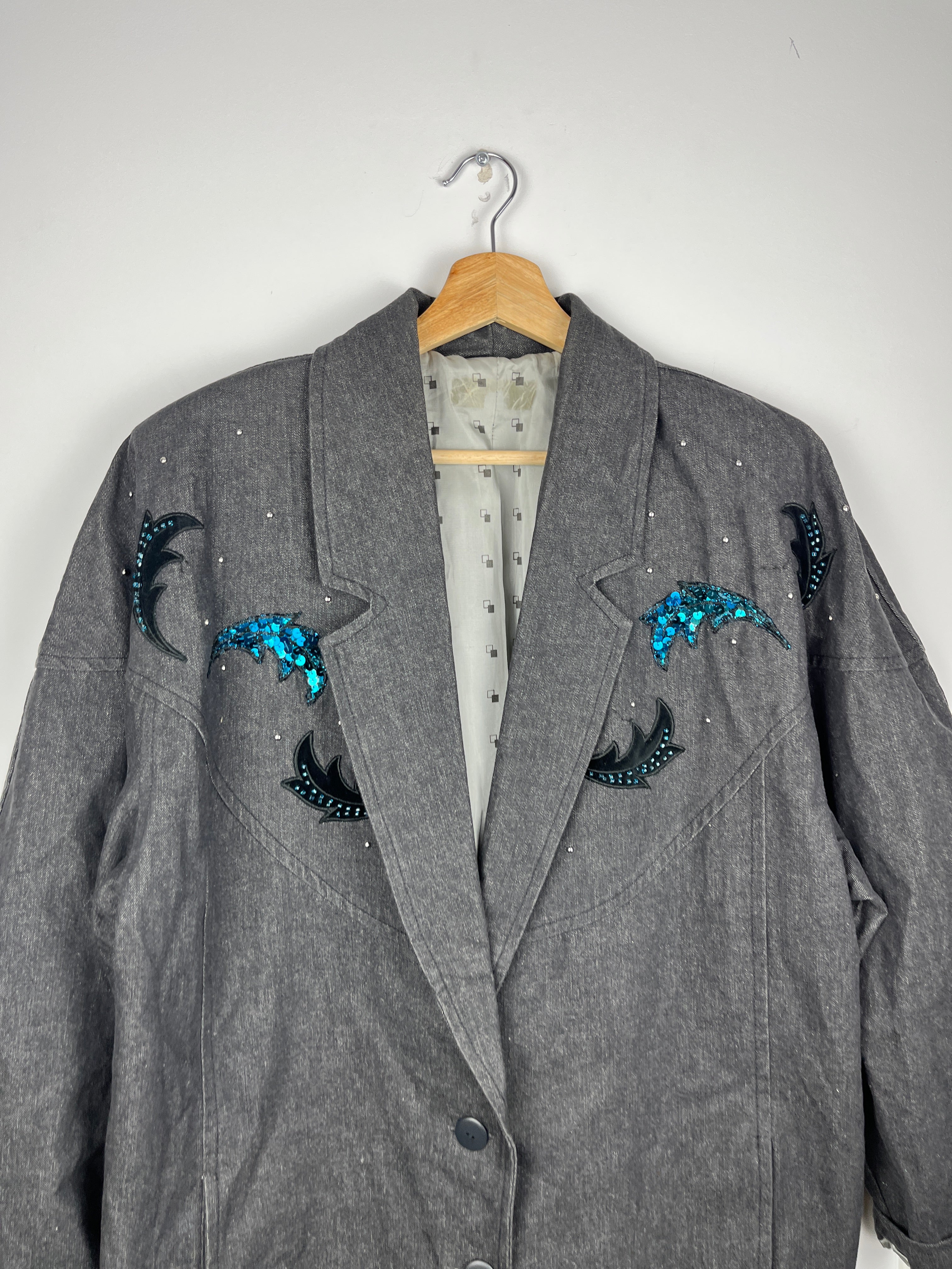 Vintage Grey Blazer with Sequin Dolphins — Size M