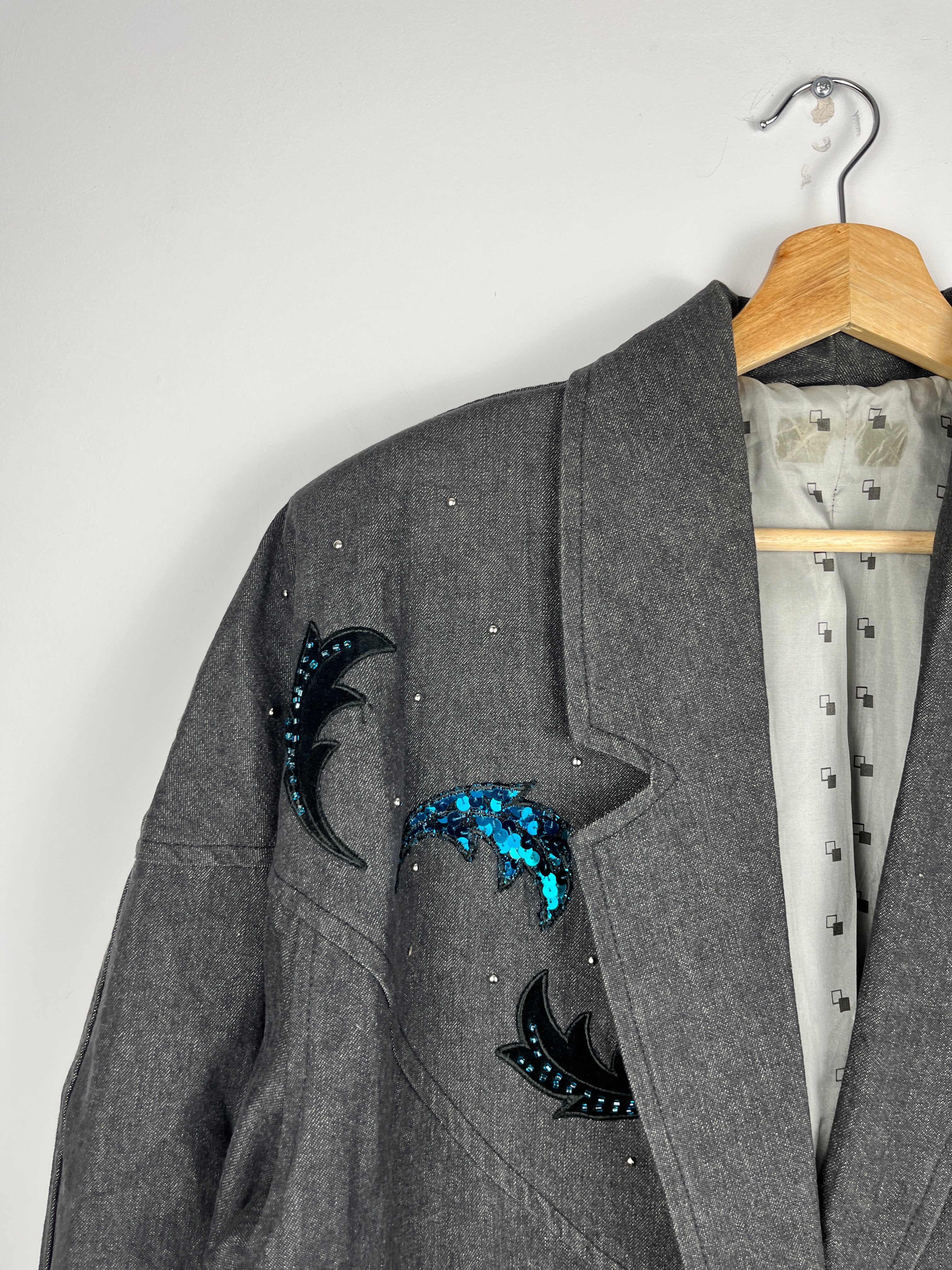 Vintage Grey Blazer with Sequin Dolphins — Size M