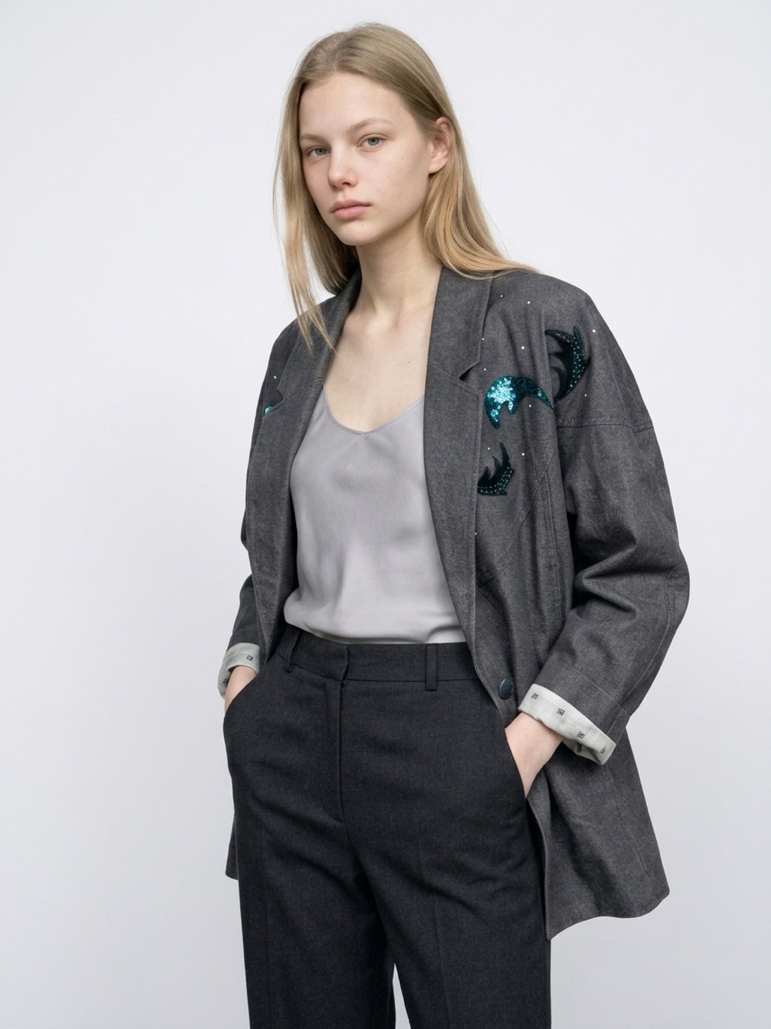 Vintage Grey Blazer with Sequin Dolphins — Size M