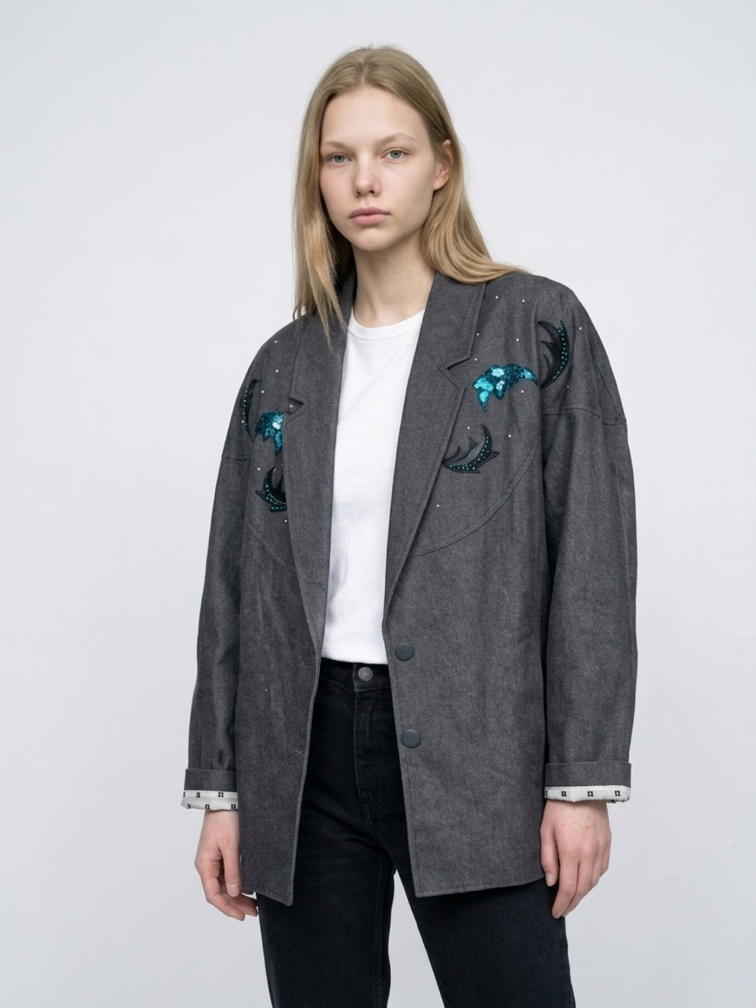 Vintage Grey Blazer with Sequin Dolphins — Size M